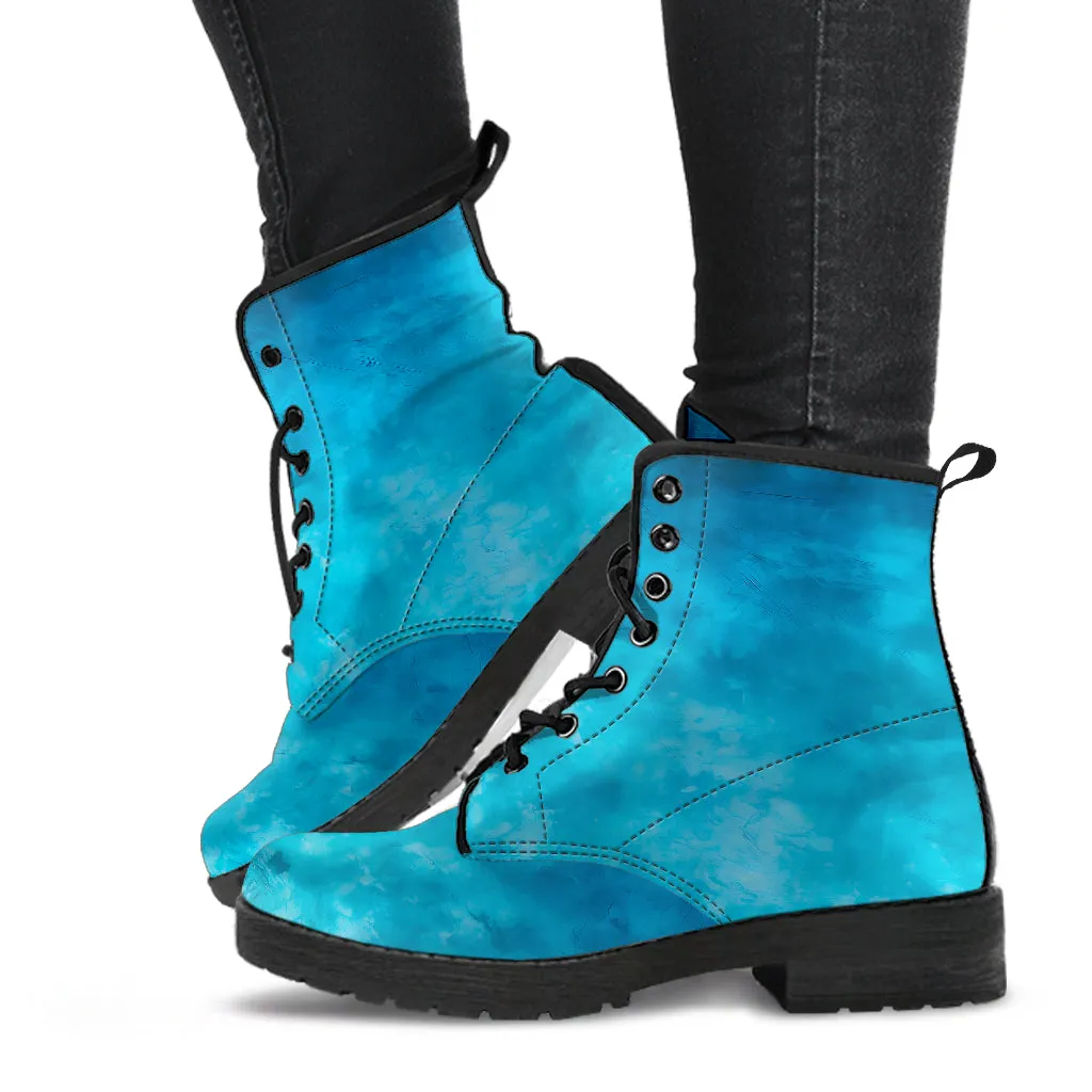 blue Distressed Grunge Women's Vegan Leather Combat Boots