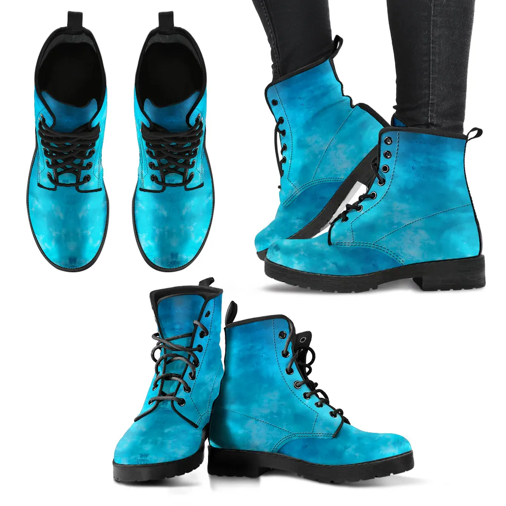 blue Distressed Grunge Women's Vegan Leather Combat Boots