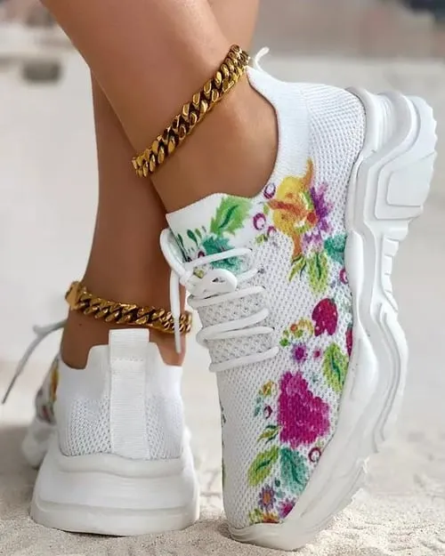 Foot-Supportive Trainers with Artistic Flower Design