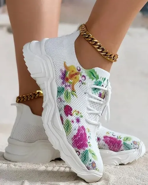 Foot-Supportive Trainers with Artistic Flower Design