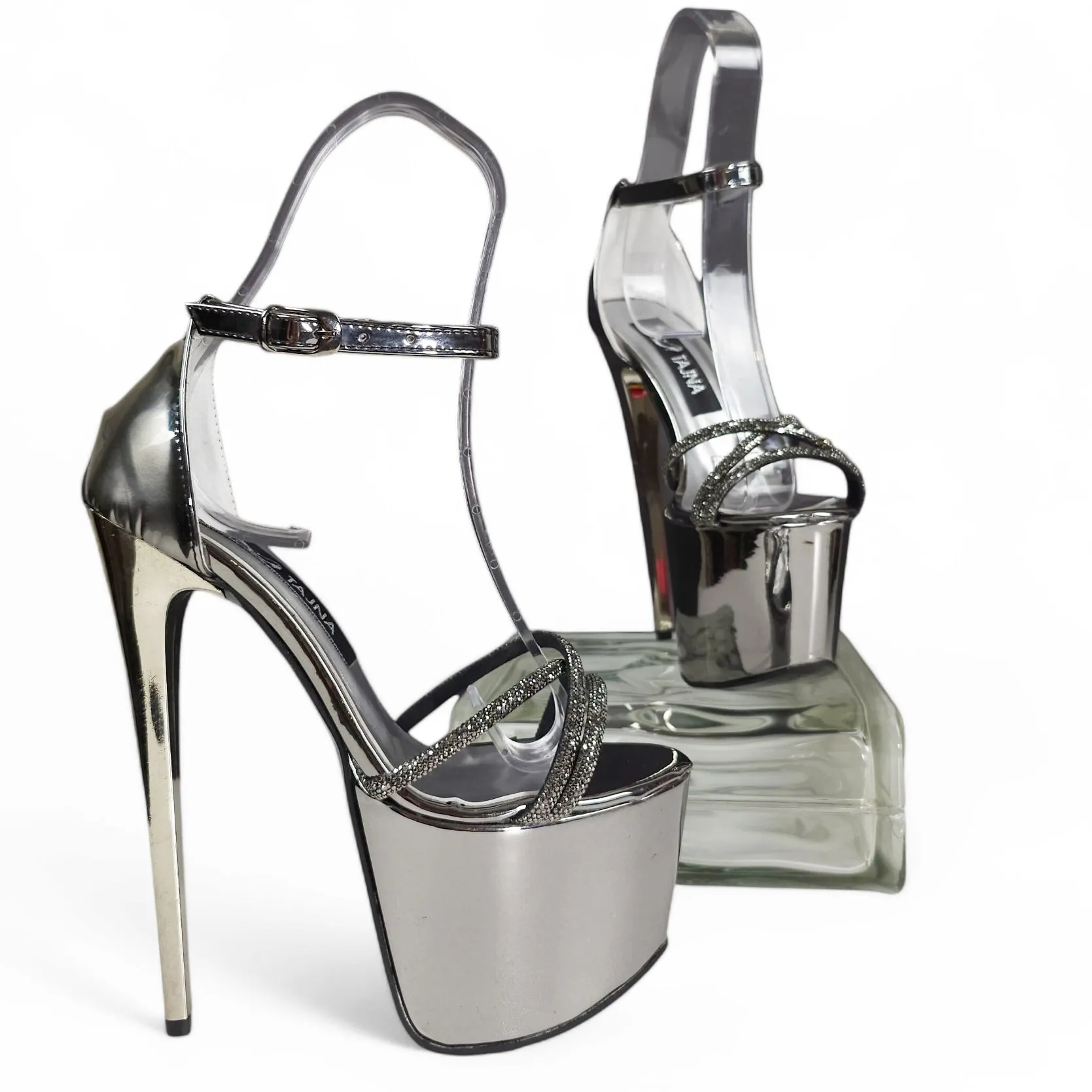 Gemstone Strap Silver Mirror Gloss High Heel Sandals
