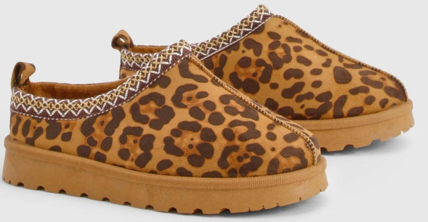 House Of Sehrish MX11 Leopard Faux Suede Embroidered Cozy Slipper Boots