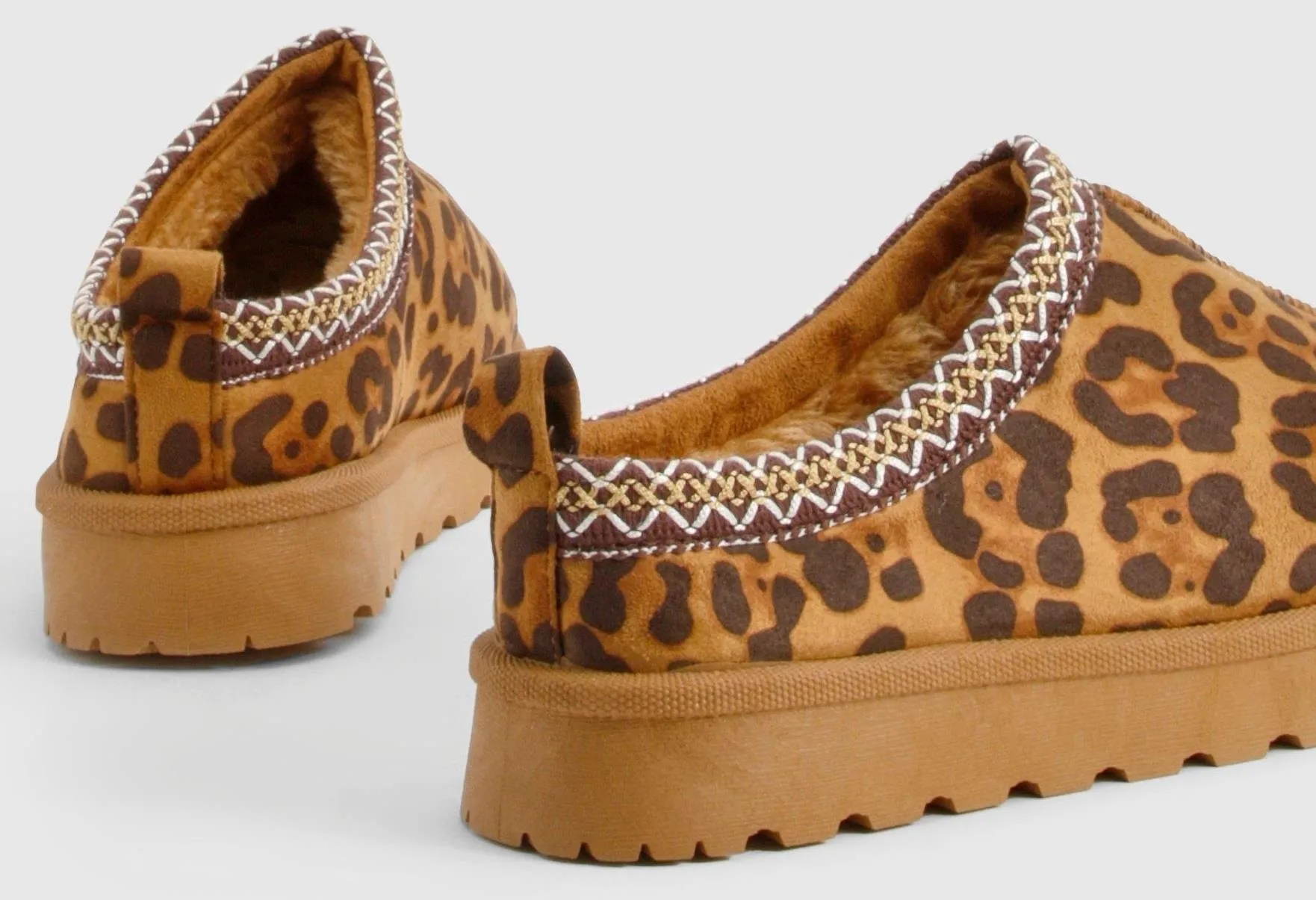 House Of Sehrish MX11 Leopard Faux Suede Embroidered Cozy Slipper Boots