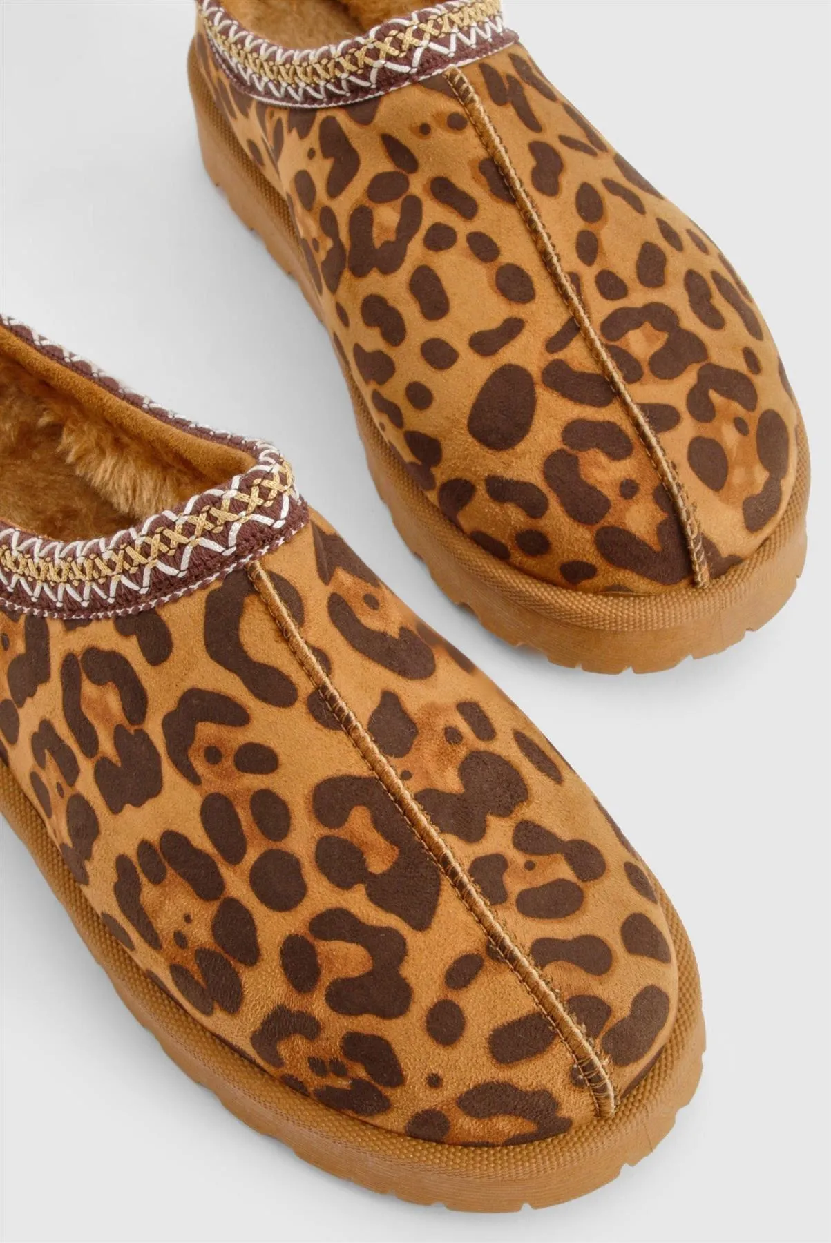 House Of Sehrish MX11 Leopard Faux Suede Embroidered Cozy Slipper Boots