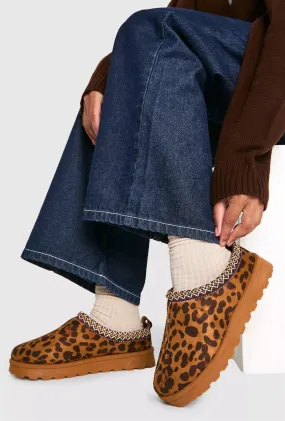 House Of Sehrish MX11 Leopard Faux Suede Embroidered Cozy Slipper Boots