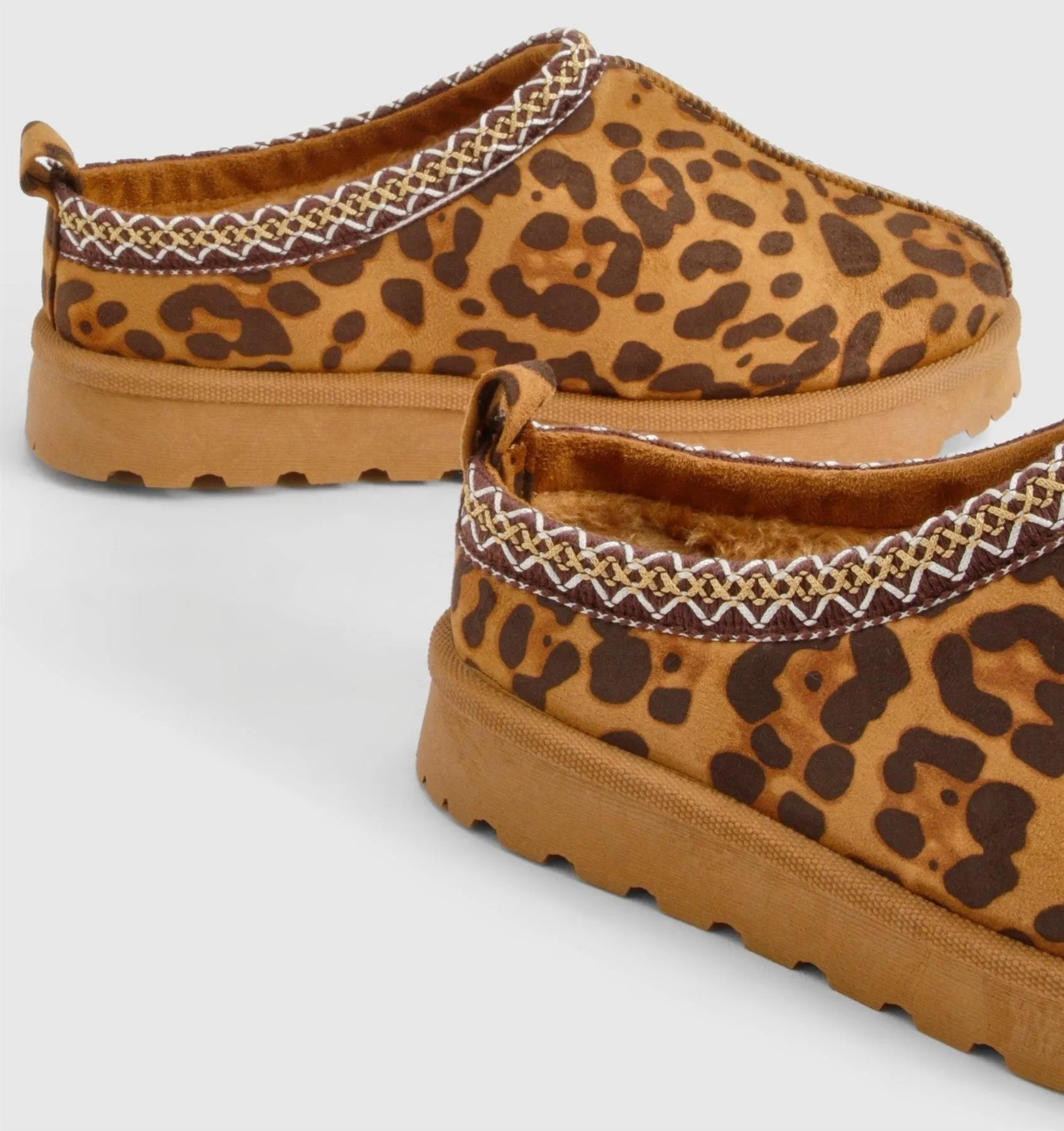 House Of Sehrish MX11 Leopard Faux Suede Embroidered Cozy Slipper Boots