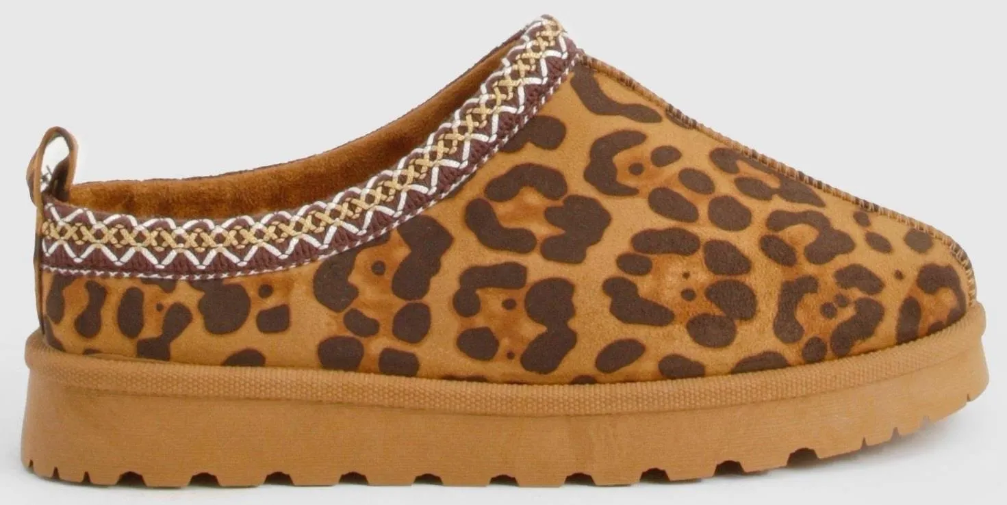 House Of Sehrish MX11 Leopard Faux Suede Embroidered Cozy Slipper Boots