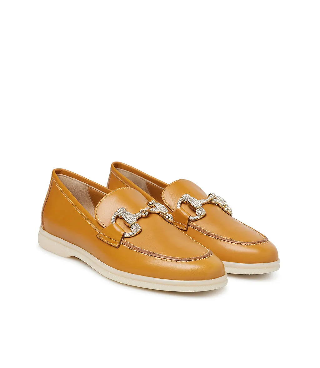 Jewel-buckle ocher-tone leather loafers