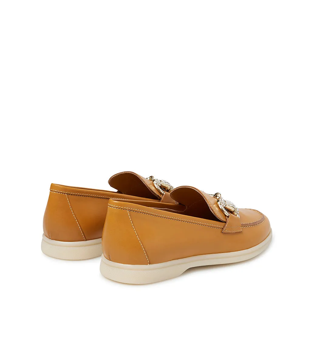 Jewel-buckle ocher-tone leather loafers