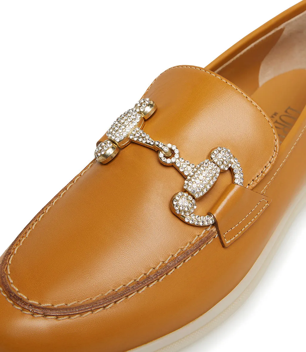 Jewel-buckle ocher-tone leather loafers