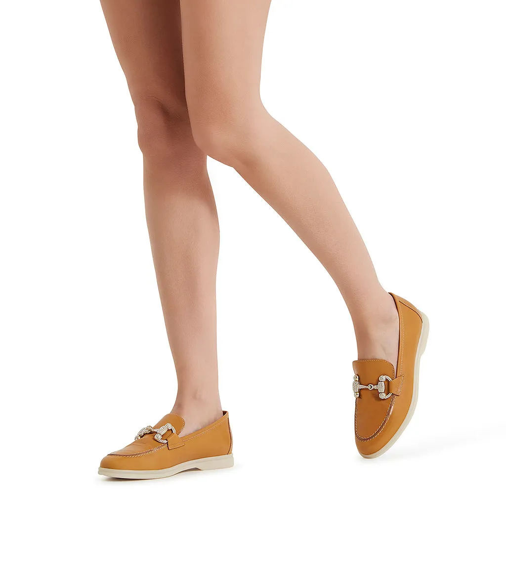 Jewel-buckle ocher-tone leather loafers