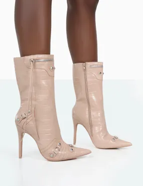 Kulture Nude Croc Pointed Toe Zip Detail Ankle Boots