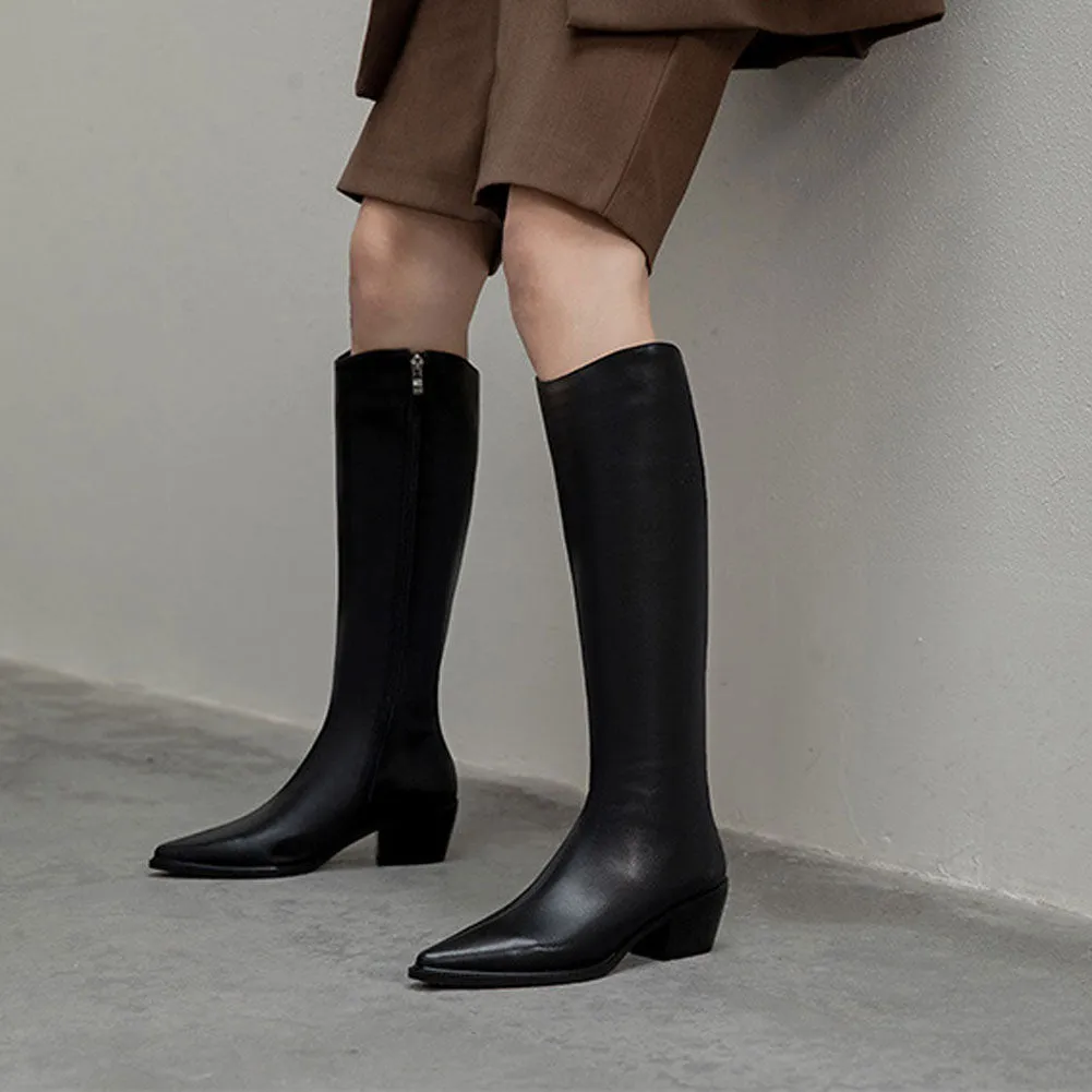 Ladies Pointed Toe Block Heel Genuine Leather Long Knight Boots Zip Up