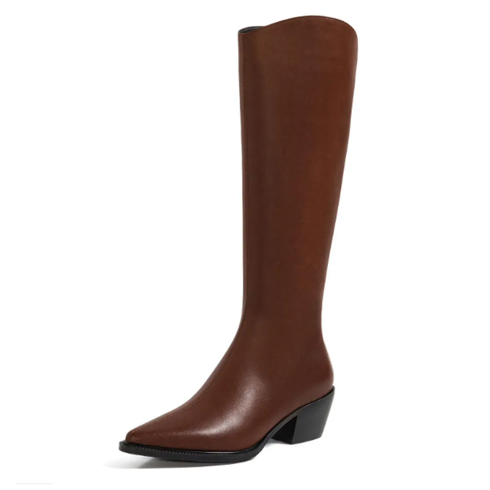 Ladies Pointed Toe Block Heel Genuine Leather Long Knight Boots Zip Up