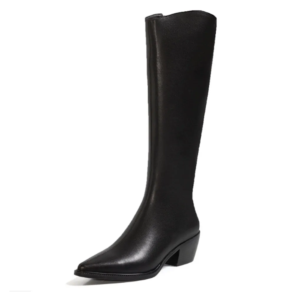 Ladies Pointed Toe Block Heel Genuine Leather Long Knight Boots Zip Up