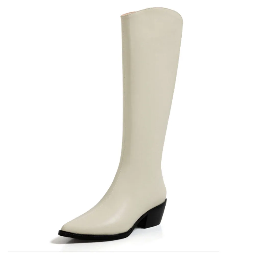 Ladies Pointed Toe Block Heel Genuine Leather Long Knight Boots Zip Up