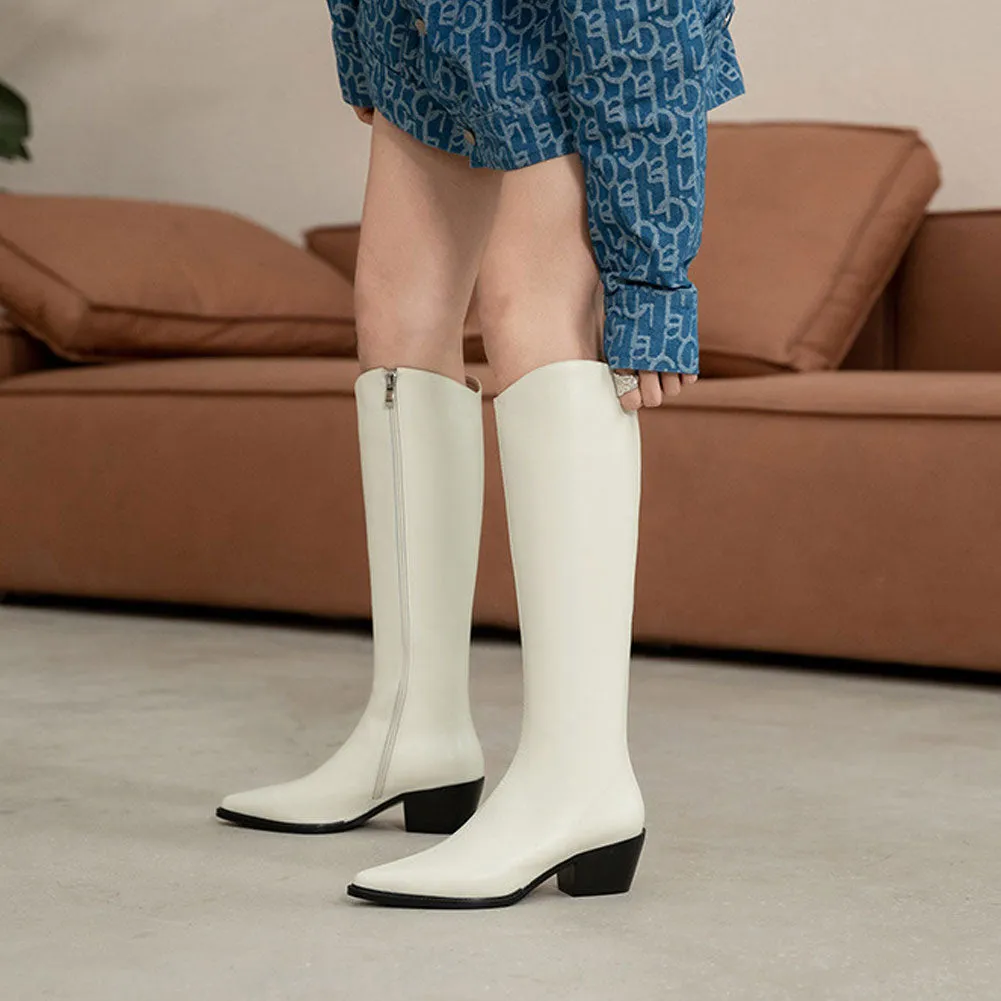 Ladies Pointed Toe Block Heel Genuine Leather Long Knight Boots Zip Up