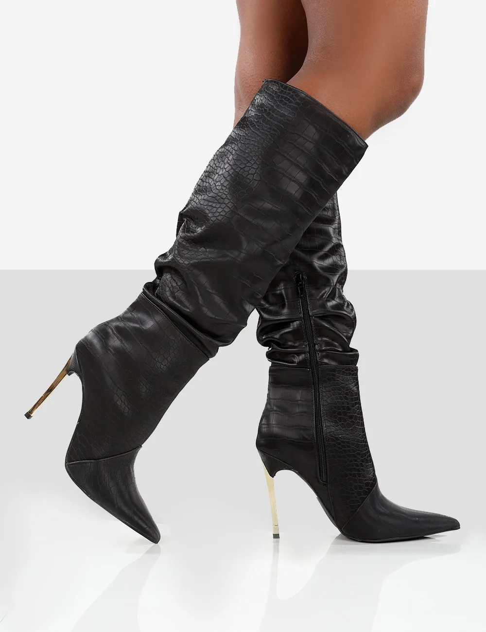Monica Black Croc Ecru PU Pointed Toe Knee High Boots