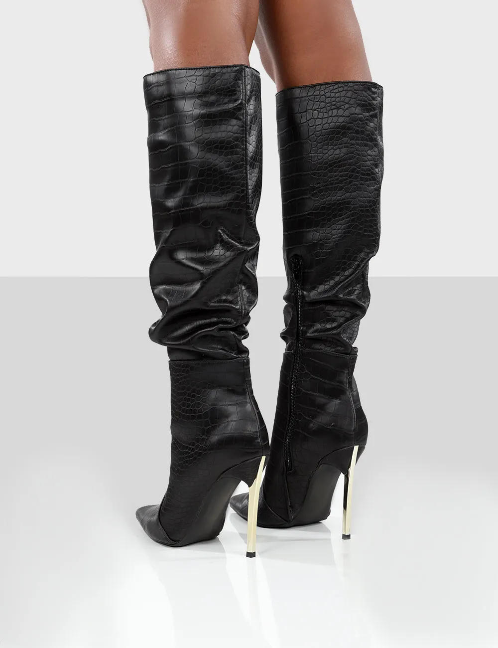 Monica Black Croc Ecru PU Pointed Toe Knee High Boots