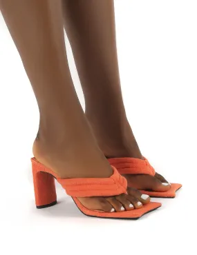 Resort Orange Towelling Thong Strap Flat Block Heeled Mules