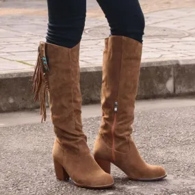 Women's ethnic faux suede tassels knee high boots
